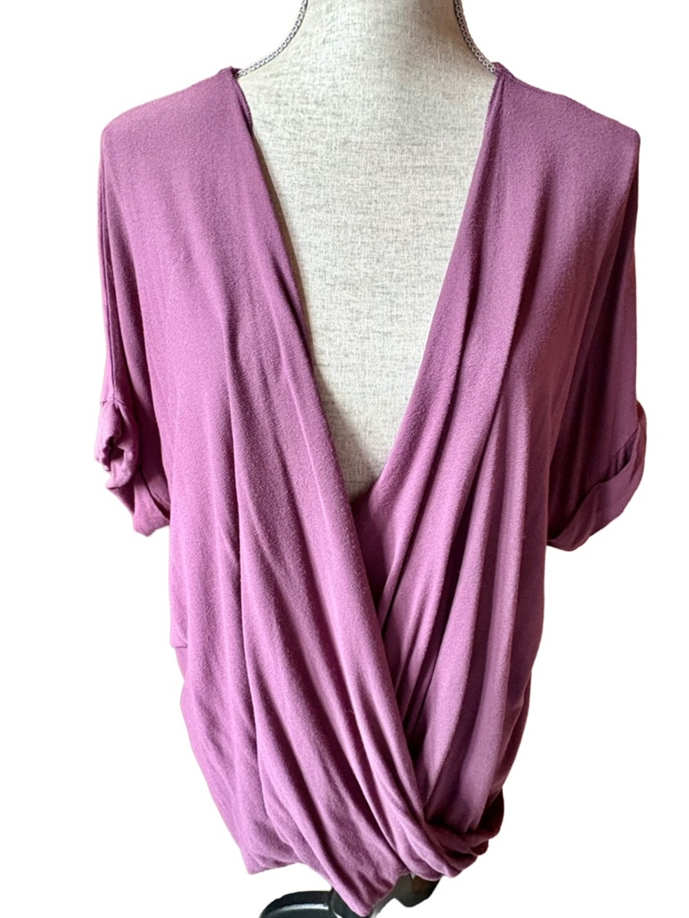 Zenana Outfitters Dark Mauve Purple Wrap Drape Top